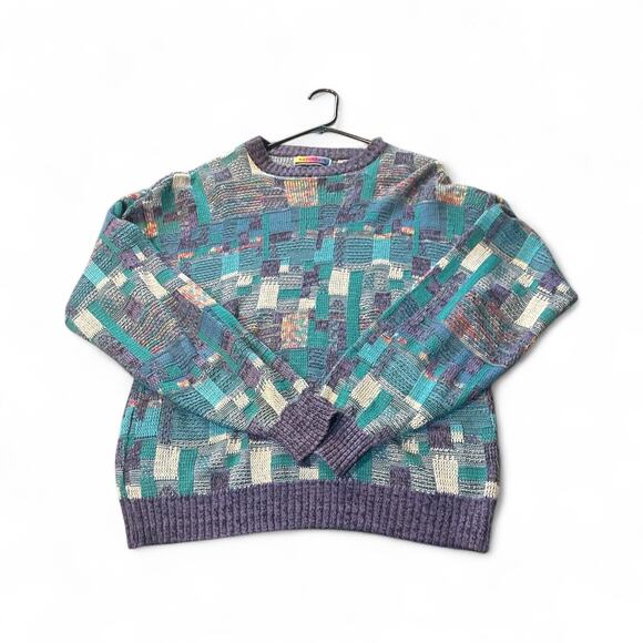 Vinatge 80's SATURDAYS Colorful Sweater Men's XL Multi-color Teal Purple Blue - Picture 1 of 6